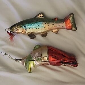 Set of 2 Fishing Ornaments Vintage